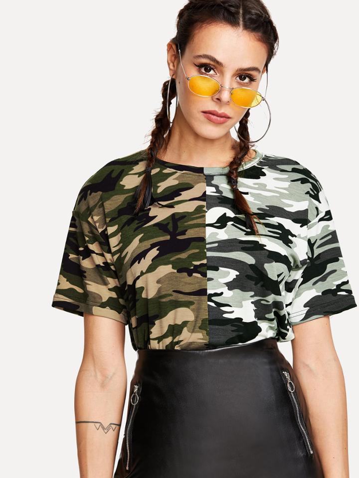Romwe Cut And Sew Camo Tee