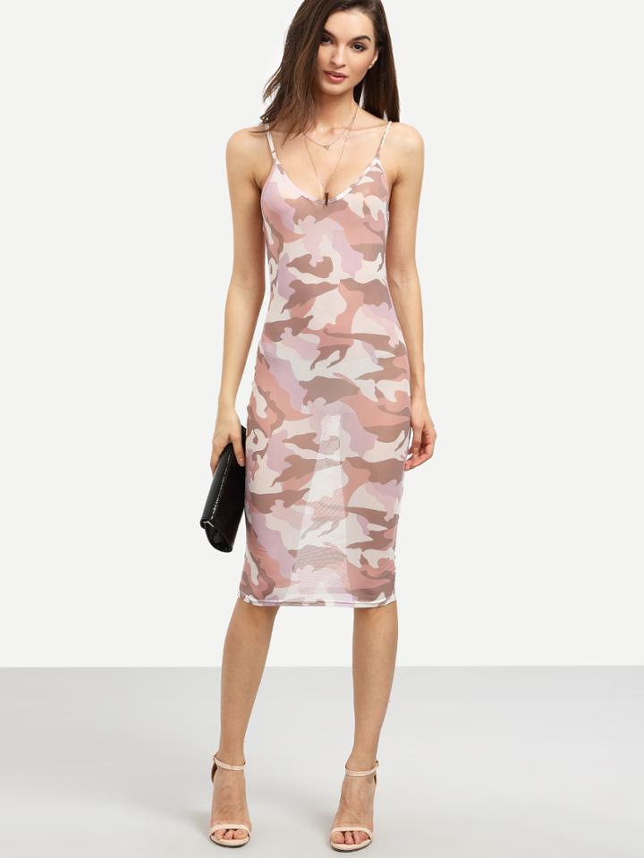 Romwe Pink Camo Print Sheer Bodycon Dress