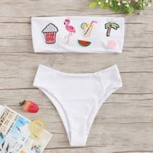 Romwe Embroidered Cartoon Bandeau With High Waist Bikini