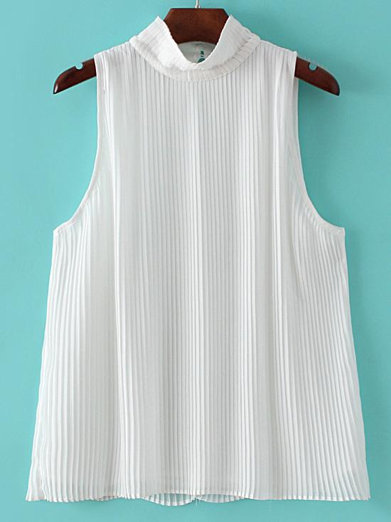 Romwe White Sleeveless Keyhole Back High Neck Pleated Blouse