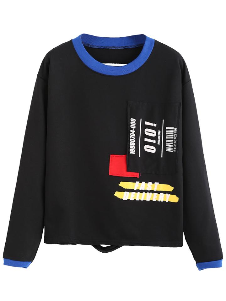 Romwe Contrast Patch Pocket Letters Print T-shirt