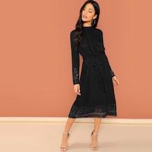 Romwe Jabot Collar Guipure Lace Trim Belted Dress