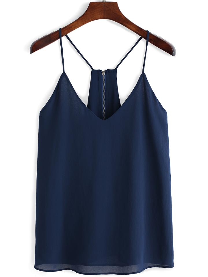Romwe Spaghetti Strap Zipper Chiffon Blue Cami Top