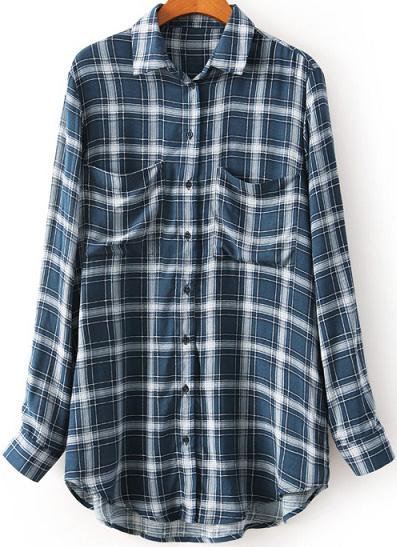 Romwe Plaid Pockets Blue Blouse