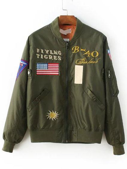 Romwe Army Green Embroidery Zipper Up Flight Jacket