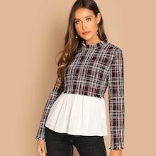 Romwe Zip Back Frayed Trim Plaid Contrast Top