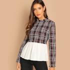 Romwe Zip Back Frayed Trim Plaid Contrast Top