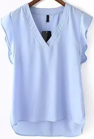Romwe Blue V Neck Ruffle Dip Hem Blouse