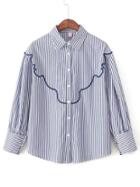 Romwe Blue Wave Embroidery Vertical Striped Blouse