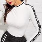 Romwe Contrast Letter Tape Rib-knit Fitted Tee