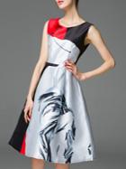 Romwe Silver Color Block Print A-line Dress
