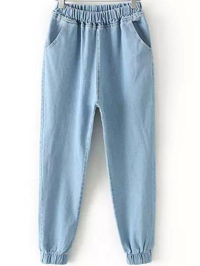 Romwe Elastic Waist Denim Beam Port Pale Blue Pant