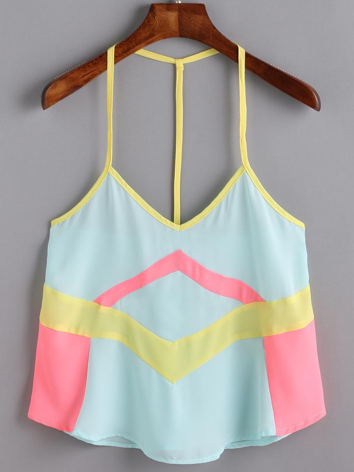 Romwe Spaghetti Strap Color-block Chiffon Cami Top
