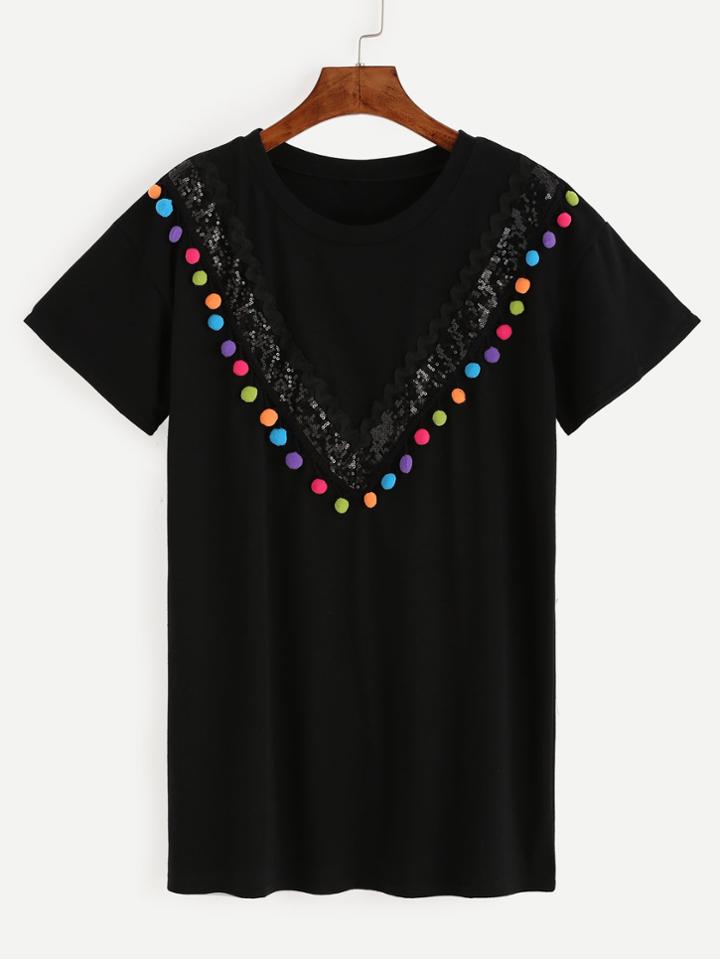 Romwe Black Pom Pom Trim Sequin Panel T-shirt