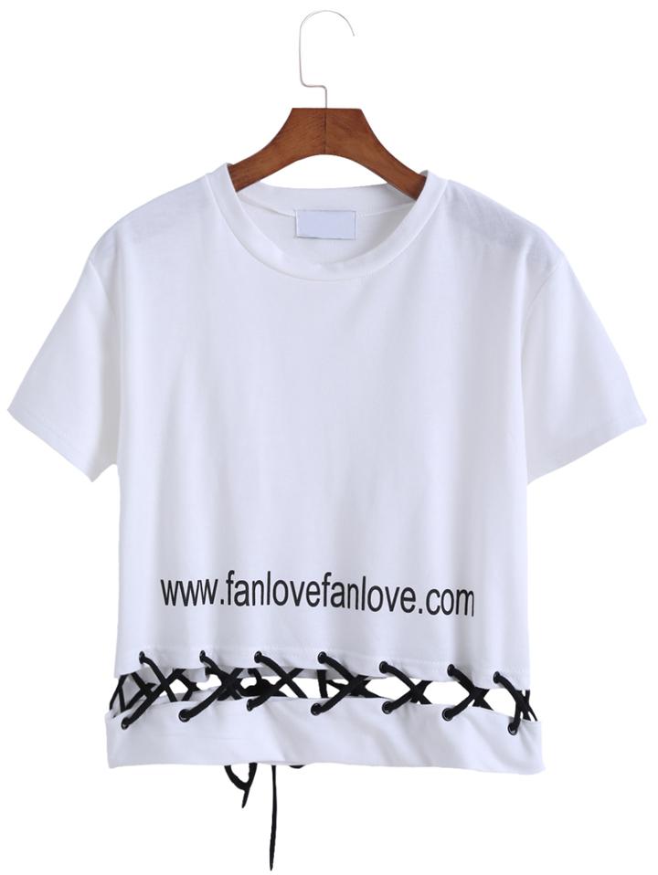 Romwe Letter Print Bandage White T-shirt