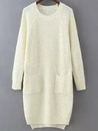Romwe Raglan Sleeve Dip Hem Split Side White Sweater Dress With Pockets