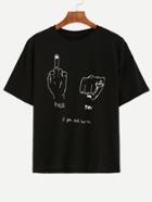 Romwe Black Gesture Print T-shirt
