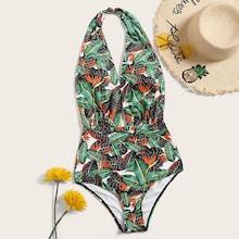 Romwe Random Tropical Open Back One Piece Swimwear