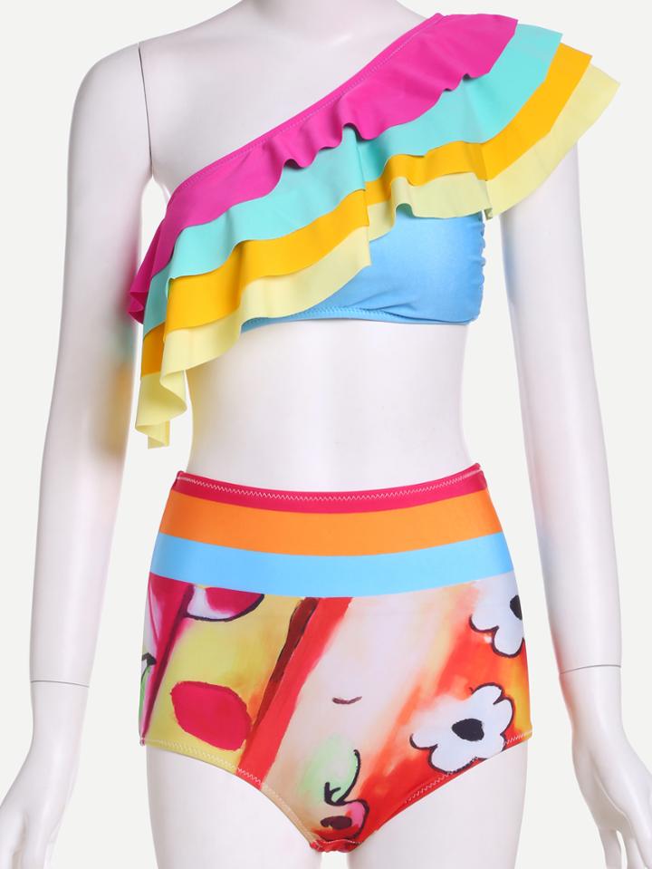 Romwe Multicolor Ruffled Layered One Shoulder Bikini Set