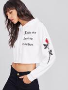 Romwe Floral Print Sleeve Raw Hem Crop Hoodie
