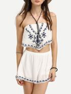 Romwe Strapless Embroidered Top With Elastic Waist Shorts