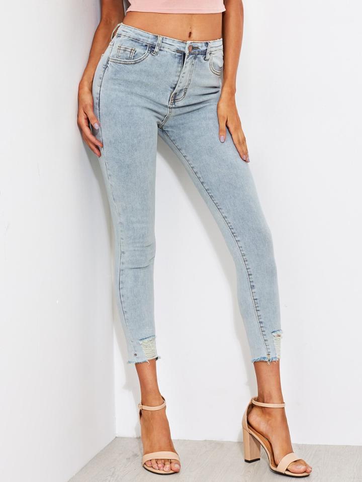Romwe Faded Wash Frayed Hem Skinny Jeans