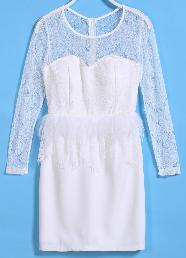 Romwe Sheer Lace Feather Embellished Dress