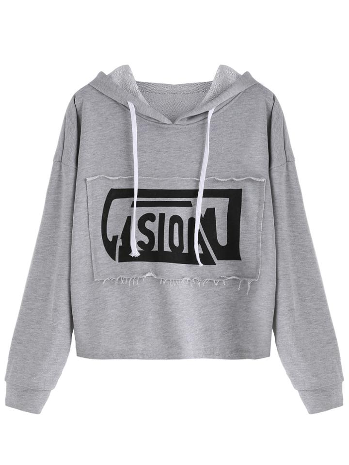 Romwe Grey Patch Letter Print Front Hooded Sweatshirt