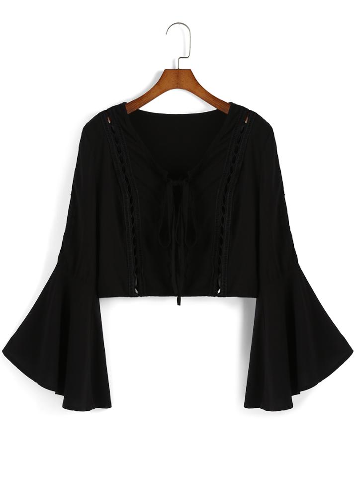 Romwe Bell Sleeve Hollow Black Top