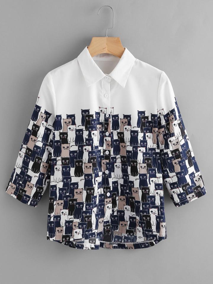 Romwe Cartoon Cat Print Dip Hem Shirt