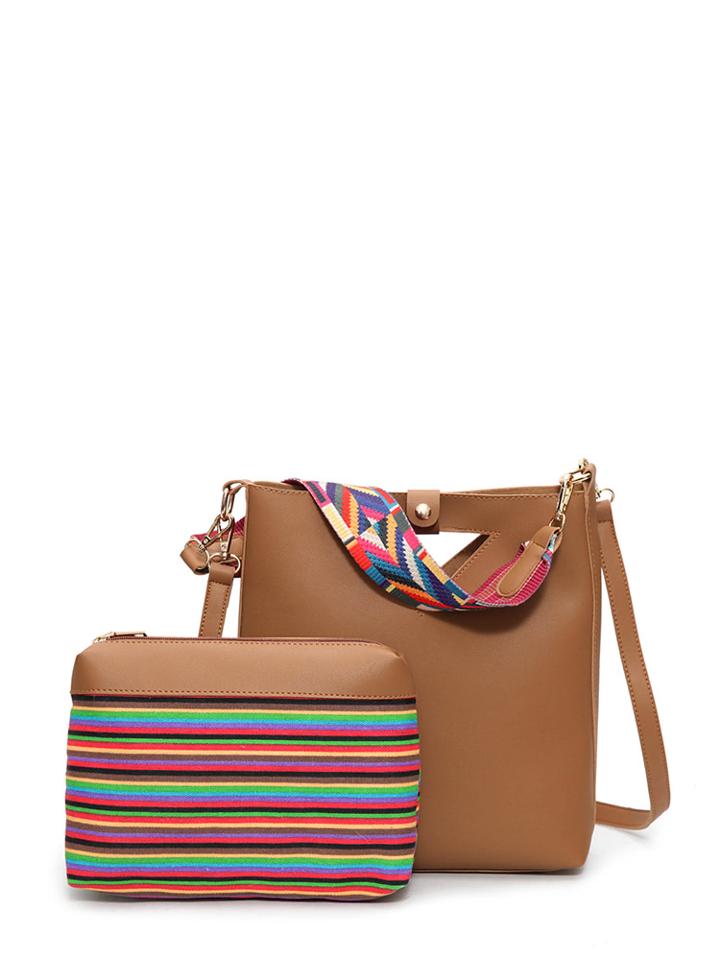 Romwe Cutout Detail Shoulder Bag With Striped Clutch