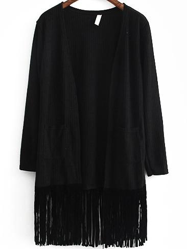 Romwe Open Front Tassel Pockets Black Cardigan