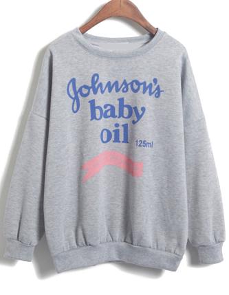 Romwe Letters Print Loose Grey Sweatshirt