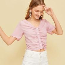 Romwe Button Front Ruched V-neck Blouse