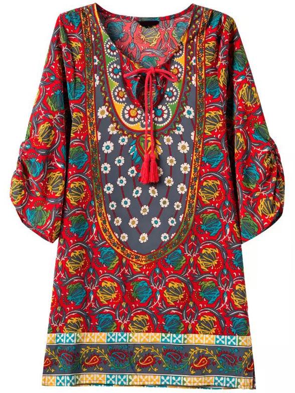Romwe V Neck Paisley Print Lace Up Shift Dress