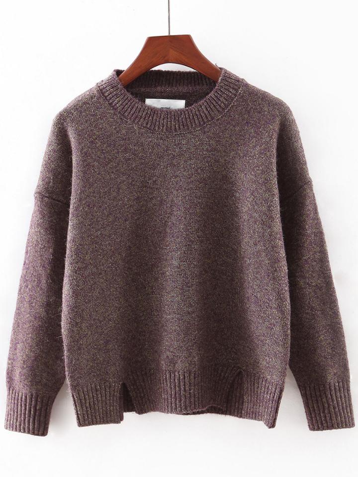 Romwe Brown Round Neck Split Knitwear