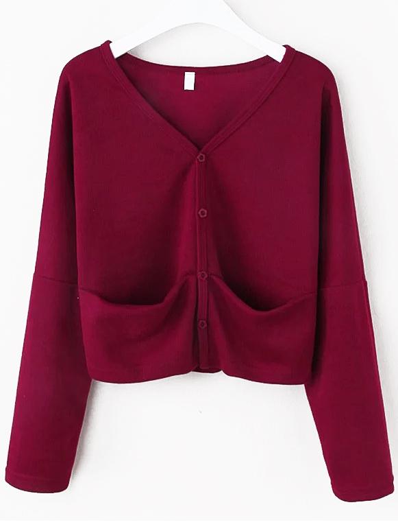 Romwe Burgundy Dropped Shoulder Seam Cardigan With Pockets