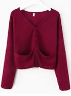 Romwe Burgundy Dropped Shoulder Seam Cardigan With Pockets