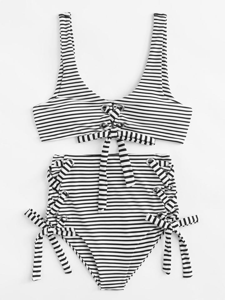 Romwe Lace Up Striped Bikini Set