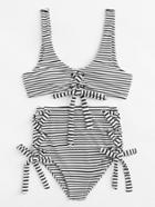 Romwe Lace Up Striped Bikini Set