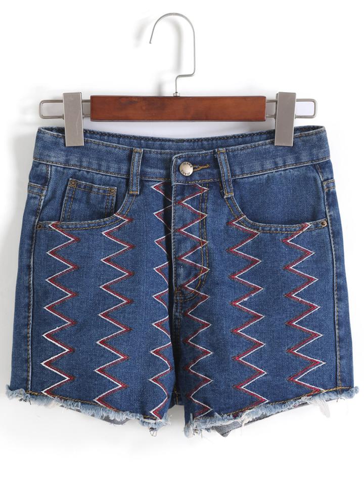 Romwe Embroidered Fringe Straight Denim Shorts