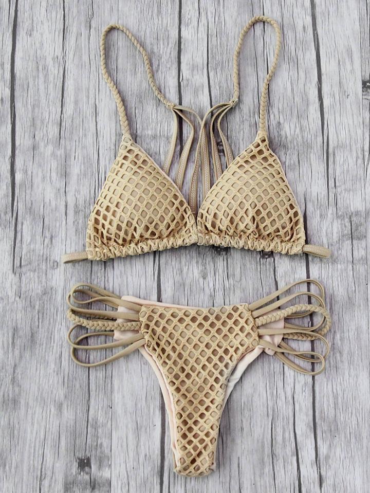 Romwe Hollow Out Weave Straps Bikini Set
