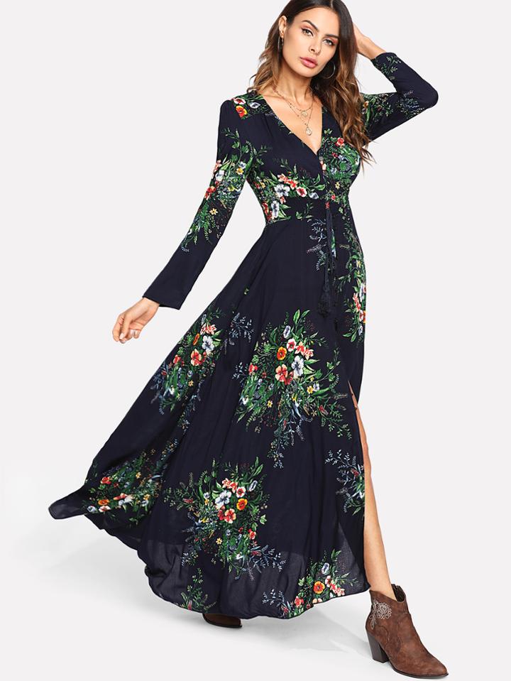 Romwe Tassel Tied Shirred Waist Button Front Dress