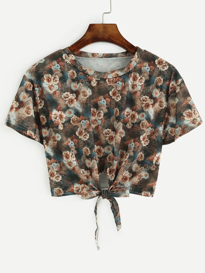 Romwe Flower Print Tie Front Crop T-shirt
