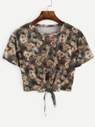 Romwe Flower Print Tie Front Crop T-shirt