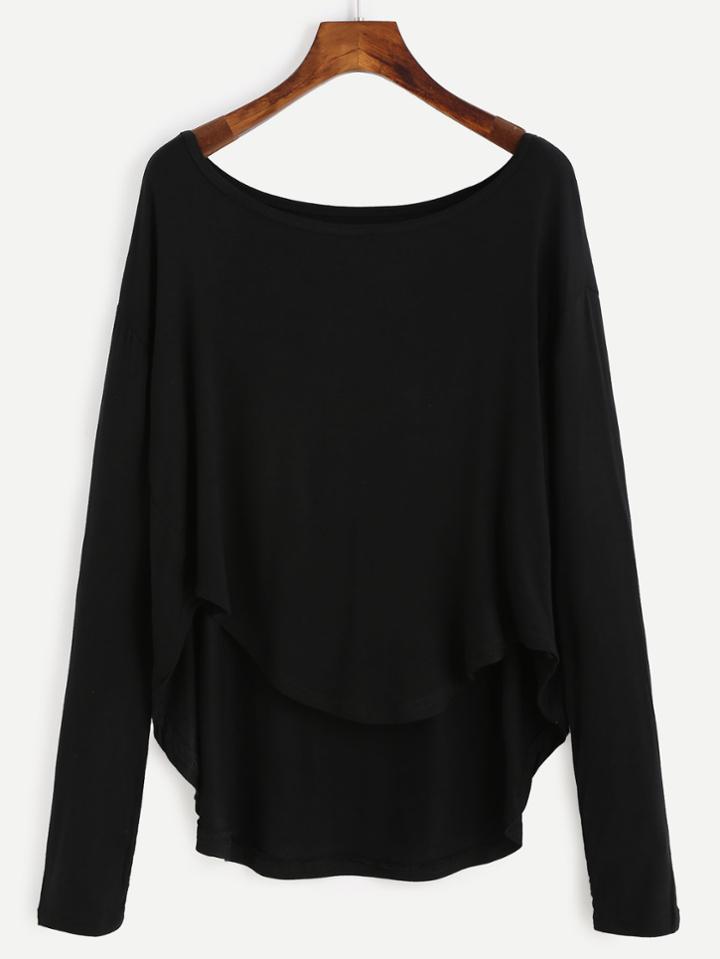 Romwe Black Drop Shoulder Dip Hem T-shirt