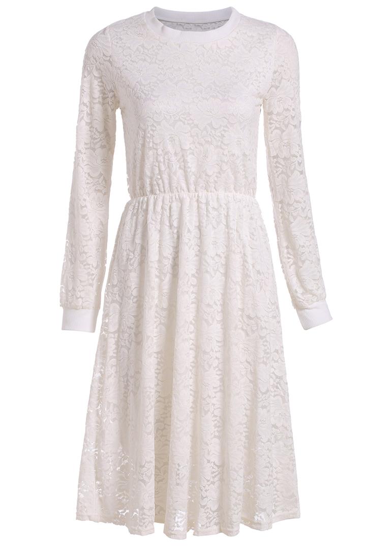Romwe Long Sleeve Lace Pleated White Dress