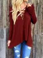 Romwe Red V Neck Lace Up Loose T-shirt