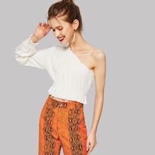 Romwe One Shoulder Frill Trim Smocked Crop Top
