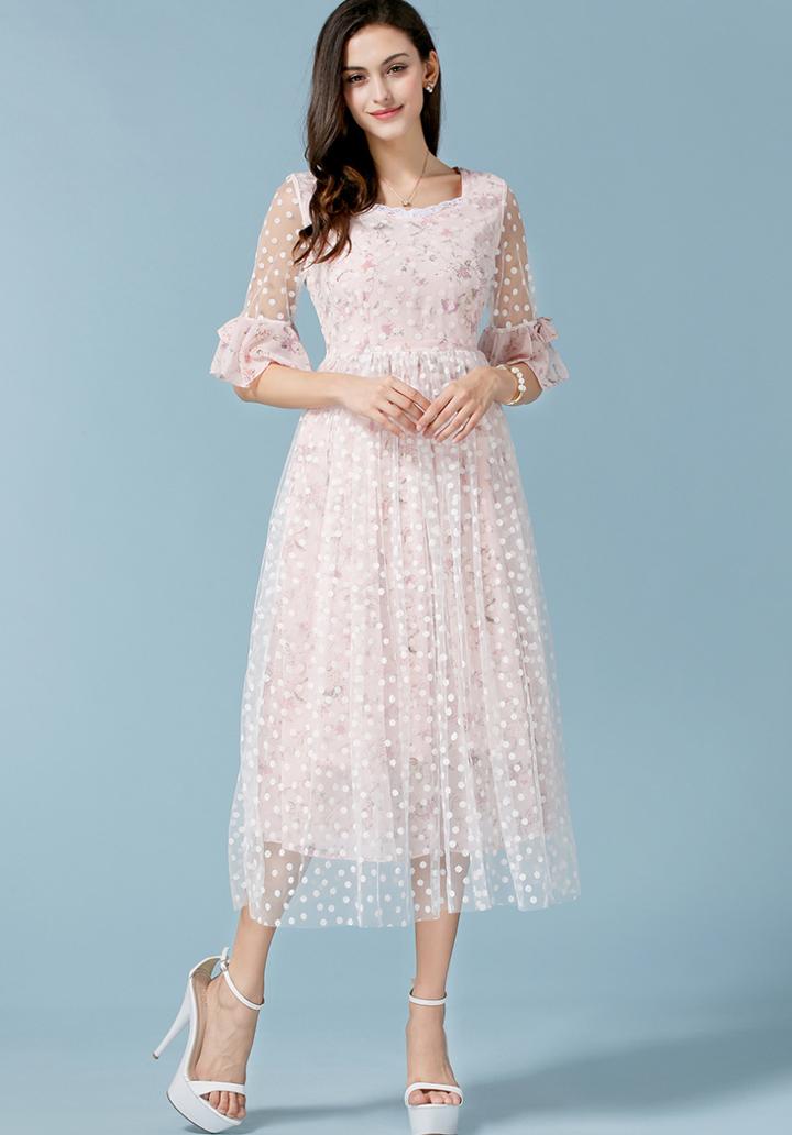 Romwe Florals Chiffon Pink Dress